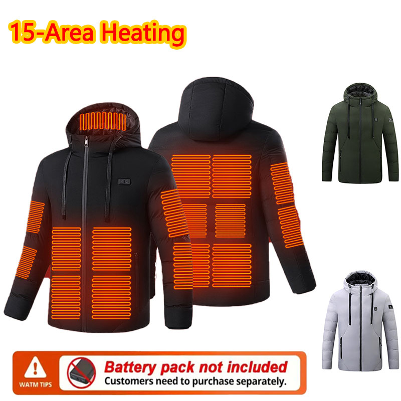 Outdoor Sport Jacket - 15 エリア加熱式冬用フード付きジャケット男性用暖かい加熱ジャケット女性用アウトドアスポーツサーマルフード付きコート（パワーバンクは含まれません）