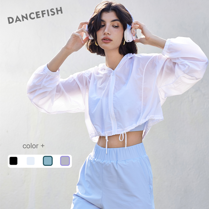 Outdoor Sport Jacket - Dancefish-女性用軽量長袖ヨガジャケット、ルーズフード付き巾着、薄いスポーツトップ、カジュアルアウトドア、夏、新品