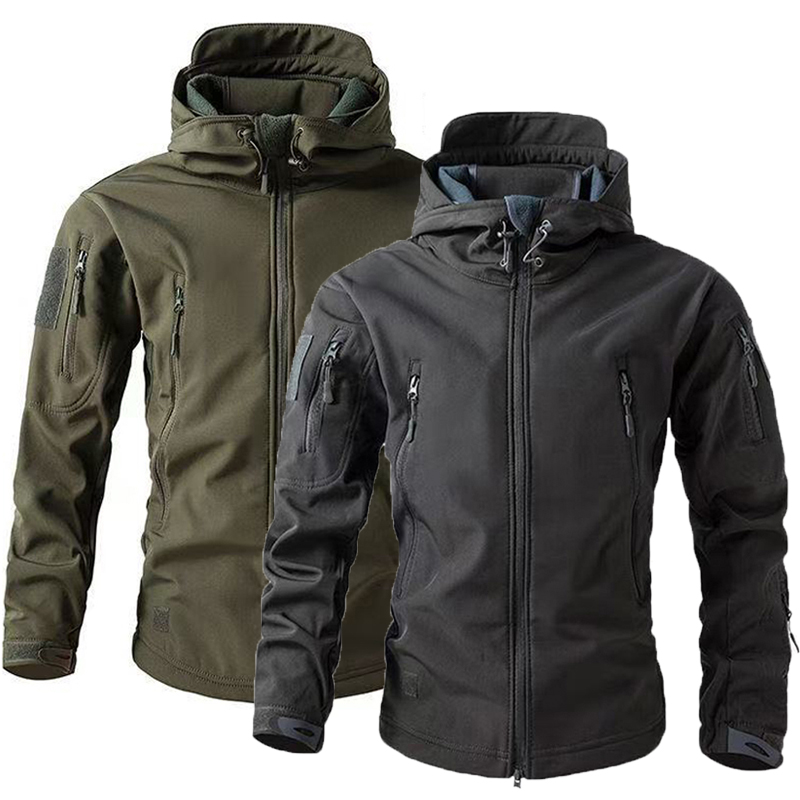 Outdoor Sport Waterproof Jacket - メンズウォームソフトシェルフリースフードカーゴジャケット、防風、アウトドア、キャンプ、ハイキング、登山、狩猟、釣り、M-5XL、秋、冬