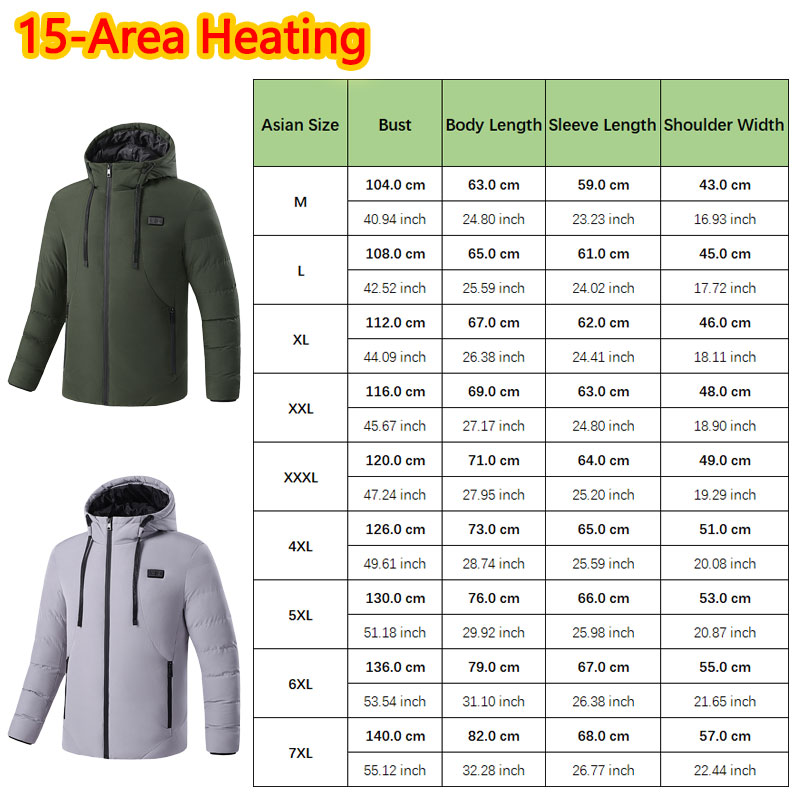 15 エリア加熱式冬用フード付きジャケット男性用暖かい加熱ジ - Outdoor Sport Jacket のレビューと価格